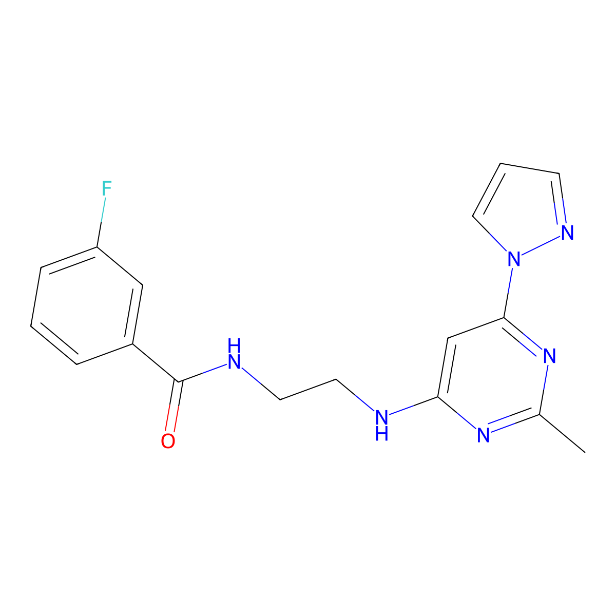 3-fluoro-N-(2-((2-methyl-6-(1H-pyrazol-1-yl)pyrimidin-4-yl)amino)ethyl)benzamide molecular structure, CAS 1170632-64-0