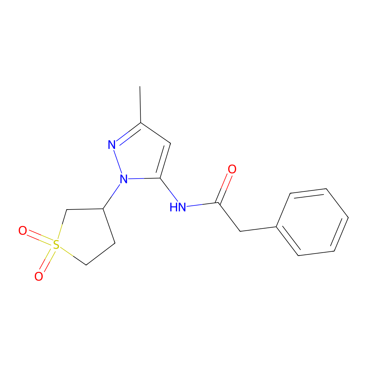 N-(1-(1,1-dioxidotetrahydrothiophen-3-yl)-3-methyl-1H-pyrazol-5-yl)-2-phenylacetamide molecular structure, CAS 1170632-89-9