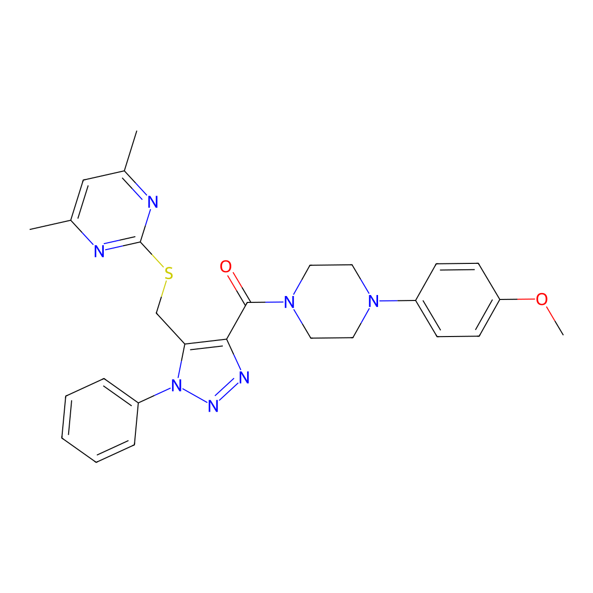 (5-(((4,6-dimethylpyrimidin-2-yl)thio)methyl)-1-phenyl-1H-1,2,3-triazol-4-yl)(4-(4-methoxyphenyl)piperazin-1-yl)methanone molecular structure, CAS 1170633-57-4