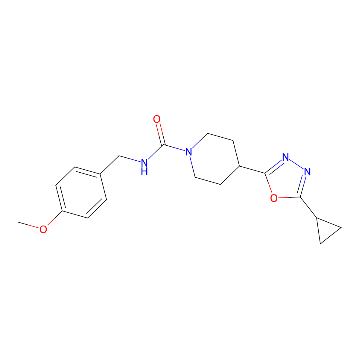 4-(5-cyclopropyl-1,3,4-oxadiazol-2-yl)-N-(4-methoxybenzyl)piperidine-1-carboxamide molecular structure, CAS 1170635-46-7