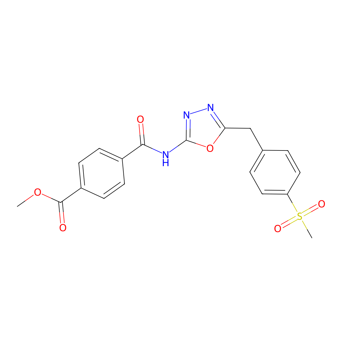 Methyl 4-((5-(4-(methylsulfonyl)benzyl)-1,3,4-oxadiazol-2-yl)carbamoyl)benzoate molecular structure, CAS 1170638-77-3