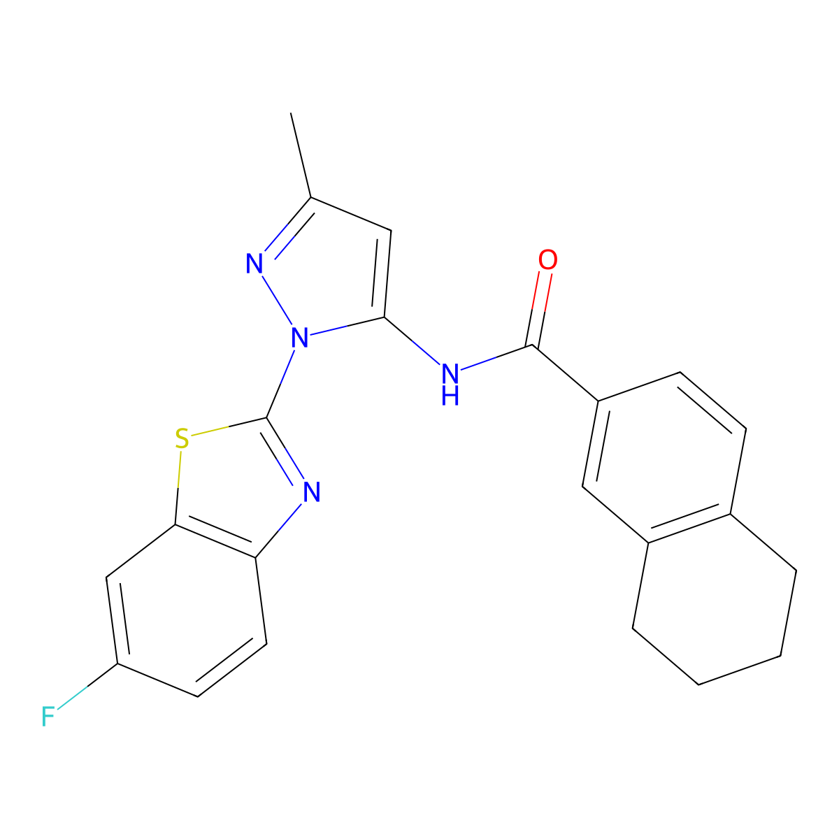 N-(1-(6-fluorobenzo[d]thiazol-2-yl)-3-methyl-1H-pyrazol-5-yl)-5,6,7,8-tetrahydronaphthalene-2-carboxamide molecular structure, CAS 1170642-00-8