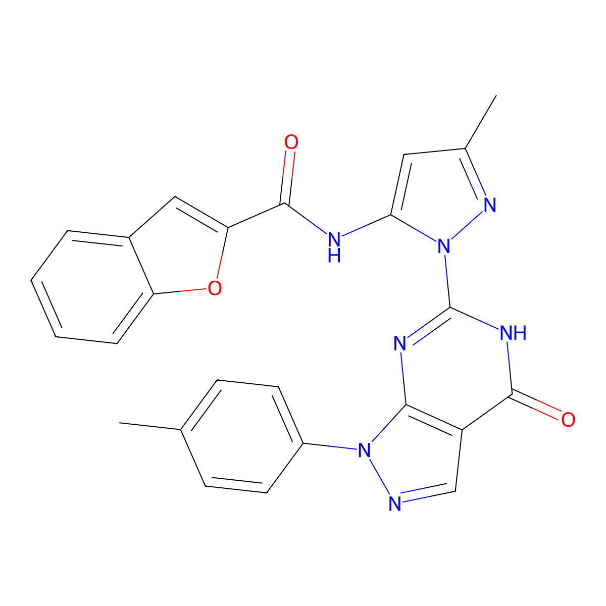 N-(3-methyl-1-(4-oxo-1-(p-tolyl)-4,5-dihydro-1H-pyrazolo[3,4-d]pyrimidin-6-yl)-1H-pyrazol-5-yl)benzofuran-2-carboxamide molecular structure, CAS 1170645-51-8