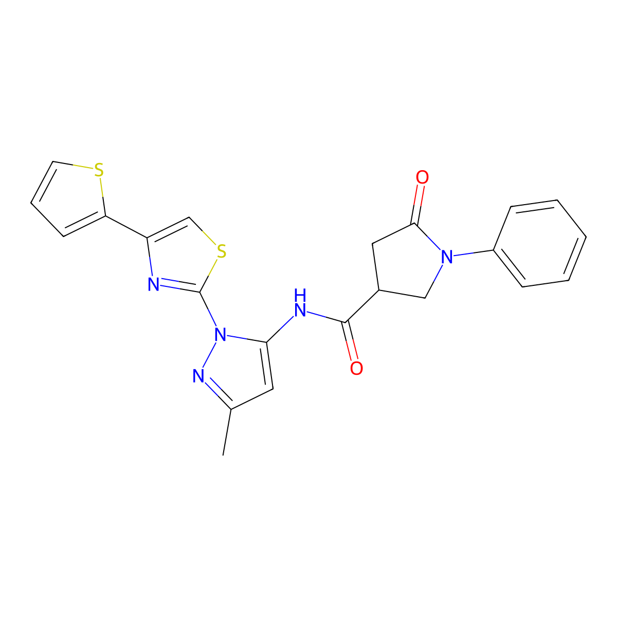 N-(3-methyl-1-(4-(thiophen-2-yl)thiazol-2-yl)-1H-pyrazol-5-yl)-5-oxo-1-phenylpyrrolidine-3-carboxamide molecular structure, CAS 1170646-25-9
