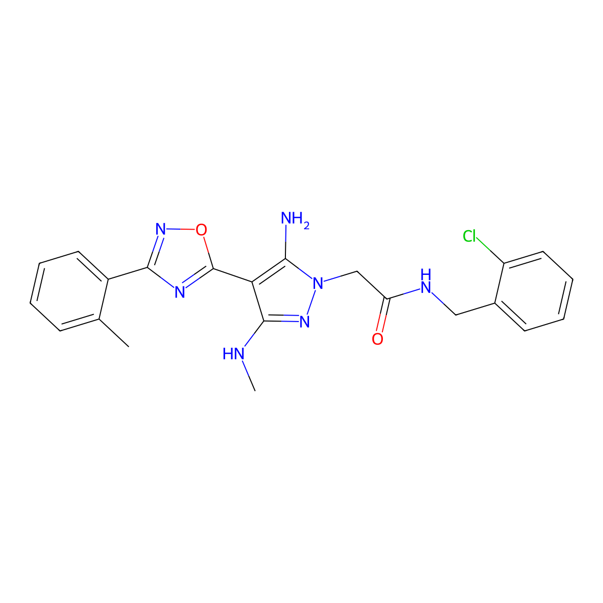 2-(5-amino-3-(methylamino)-4-(3-(o-tolyl)-1,2,4-oxadiazol-5-yl)-1H-pyrazol-1-yl)-N-(2-chlorobenzyl)acetamide molecular structure, CAS 1170648-88-0