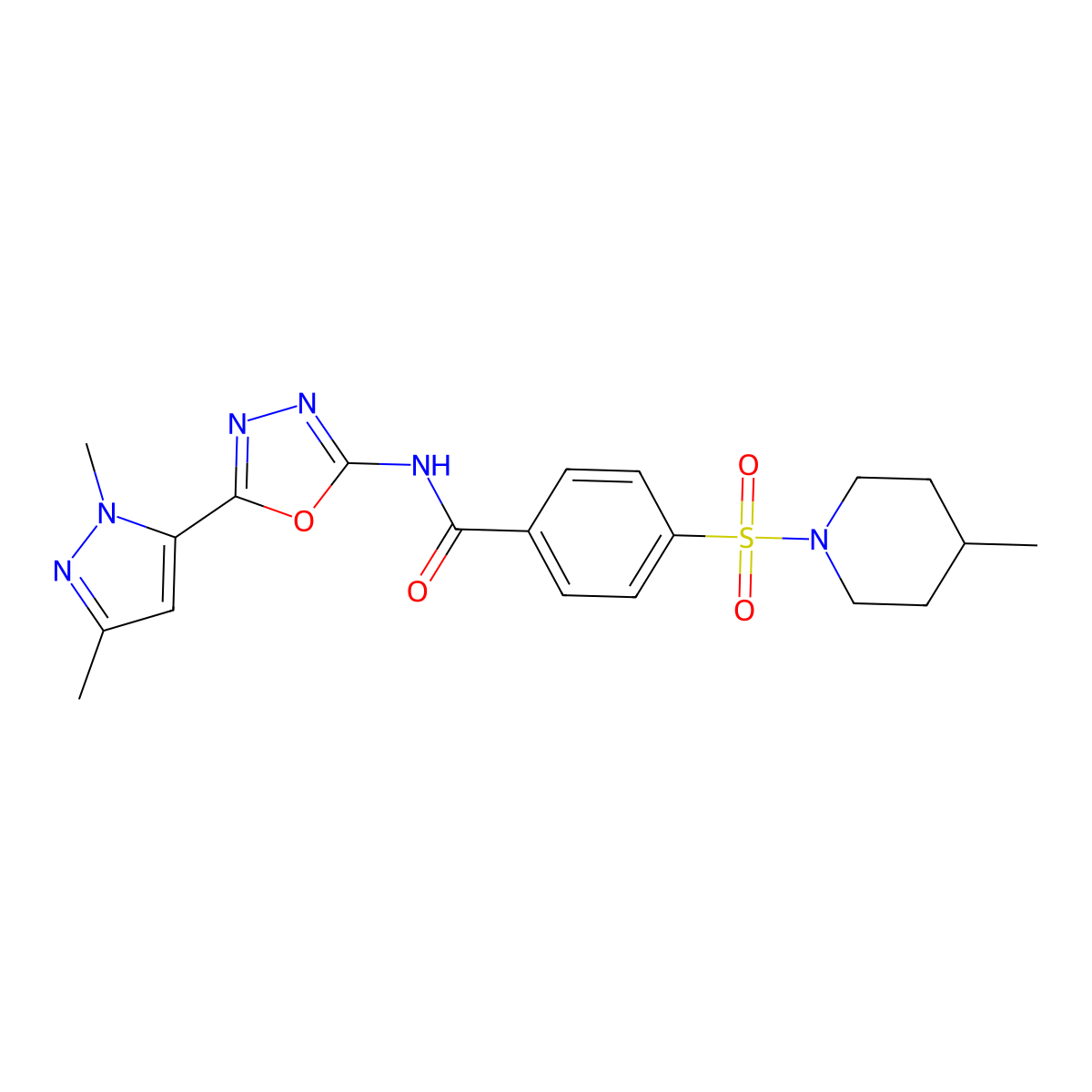 N-[5-(1,3-dimethyl-1H-pyrazol-5-yl)-1,3,4-oxadiazol-2-yl]-4-[(4-methylpiperidin-1-yl)sulfonyl]benzamide molecular structure, CAS 1170648-89-1