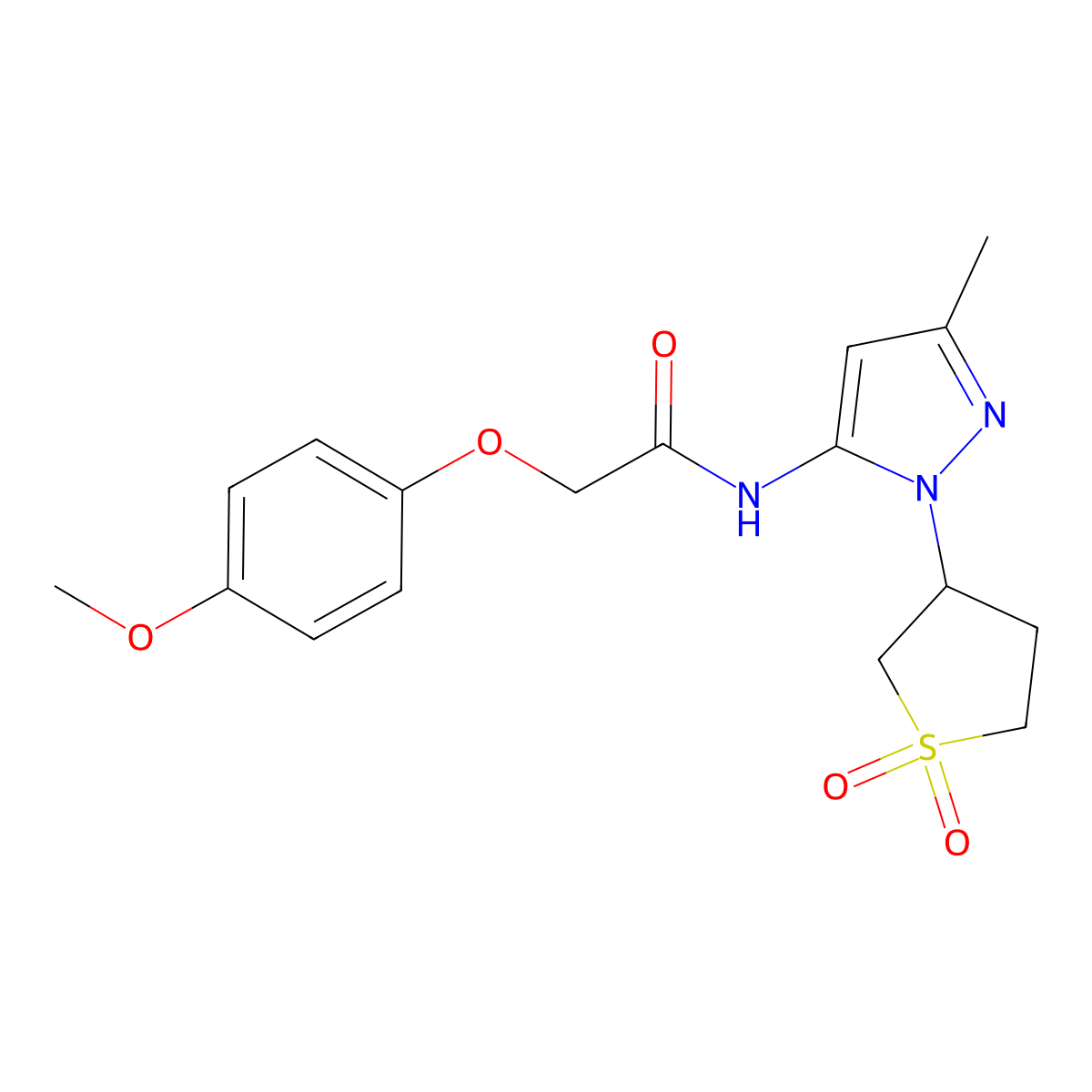 N-(1-(1,1-dioxidotetrahydrothiophen-3-yl)-3-methyl-1H-pyrazol-5-yl)-2-(4-methoxyphenoxy)acetamide molecular structure, CAS 1170649-32-7