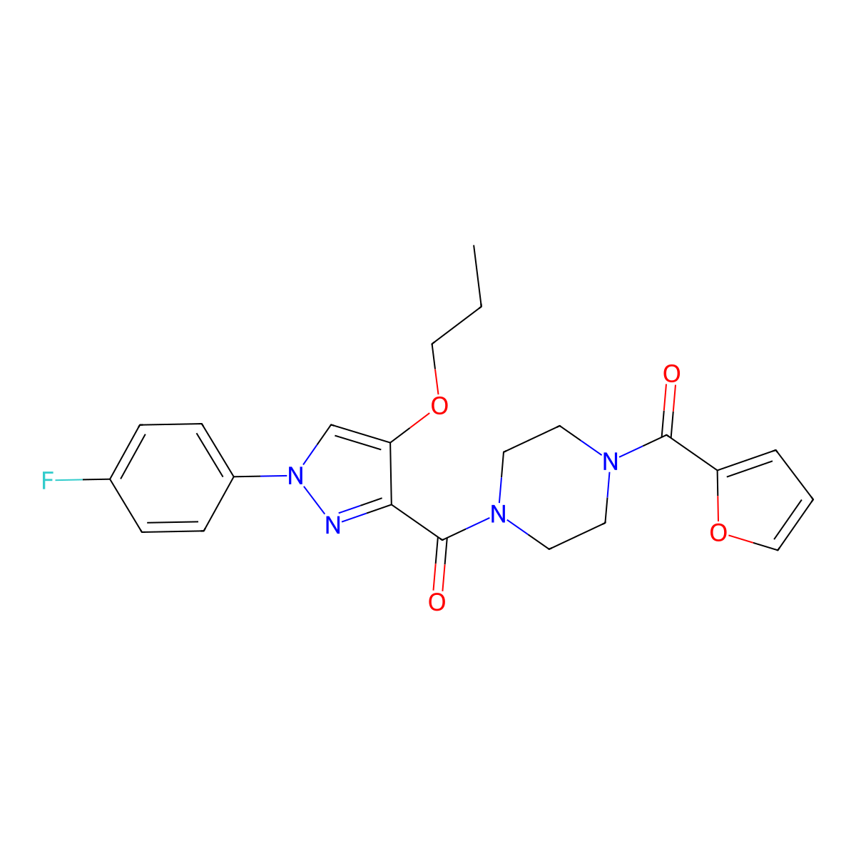(1-(4-fluorophenyl)-4-propoxy-1H-pyrazol-3-yl)(4-(furan-2-carbonyl)piperazin-1-yl)methanone molecular structure, CAS 1170650-66-4
