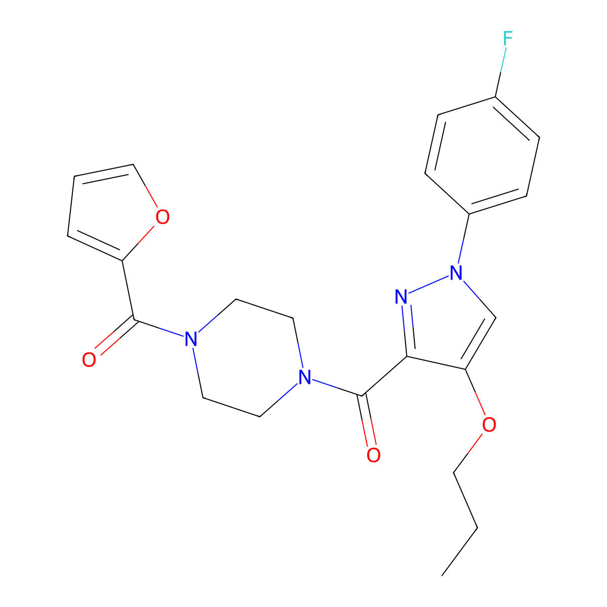 (1-(4-fluorophenyl)-4-propoxy-1H-pyrazol-3-yl)(4-(furan-2-carbonyl)piperazin-1-yl)methanone molecular structure, CAS 1170650-66-4