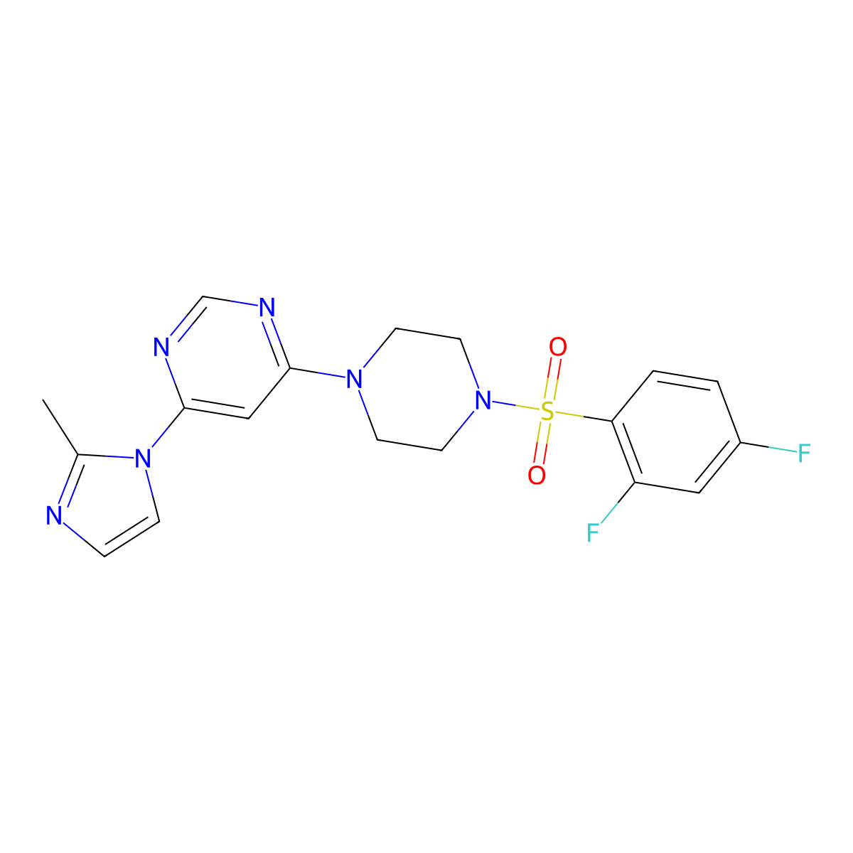 4-(4-((2,4-difluorophenyl)sulfonyl)piperazin-1-yl)-6-(2-methyl-1H-imidazol-1-yl)pyrimidine molecular structure, CAS 1170651-06-5