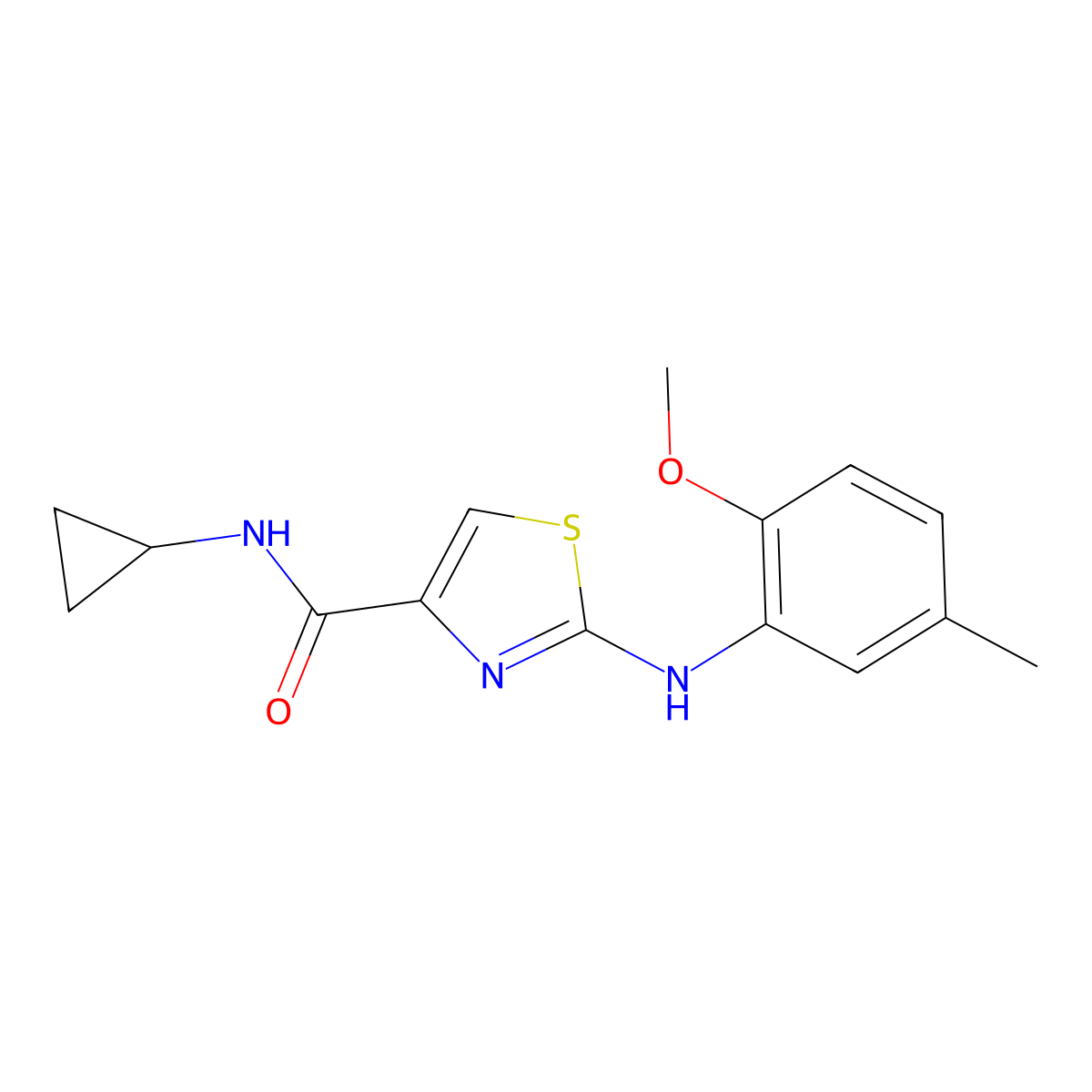 N-cyclopropyl-2-((2-methoxy-5-methylphenyl)amino)thiazole-4-carboxamide molecular structure, CAS 1170653-09-4