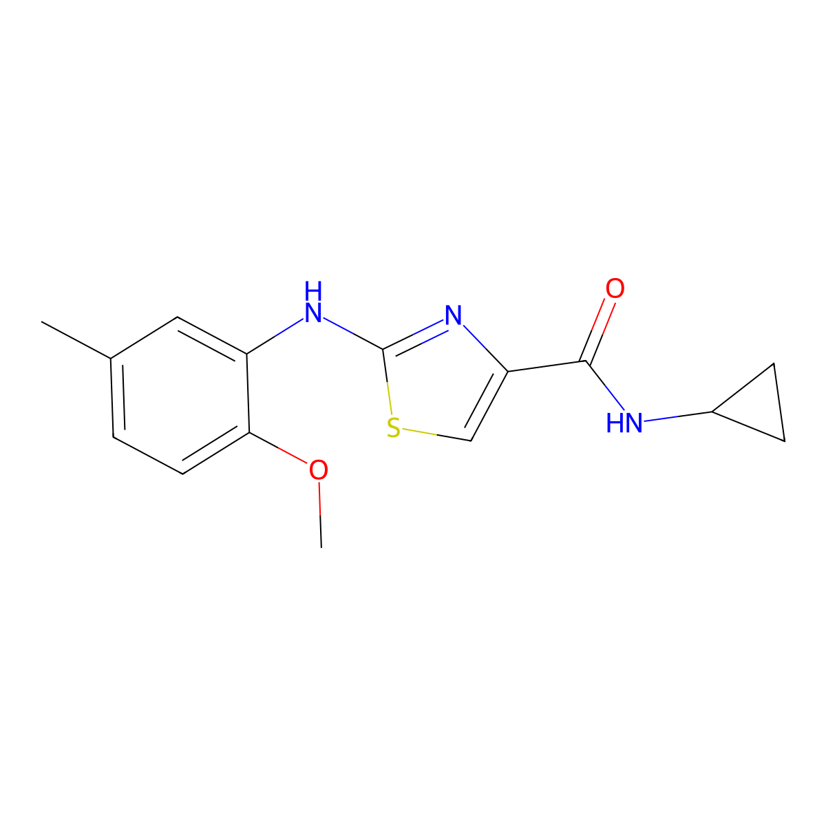 N-cyclopropyl-2-((2-methoxy-5-methylphenyl)amino)thiazole-4-carboxamide molecular structure, CAS 1170653-09-4