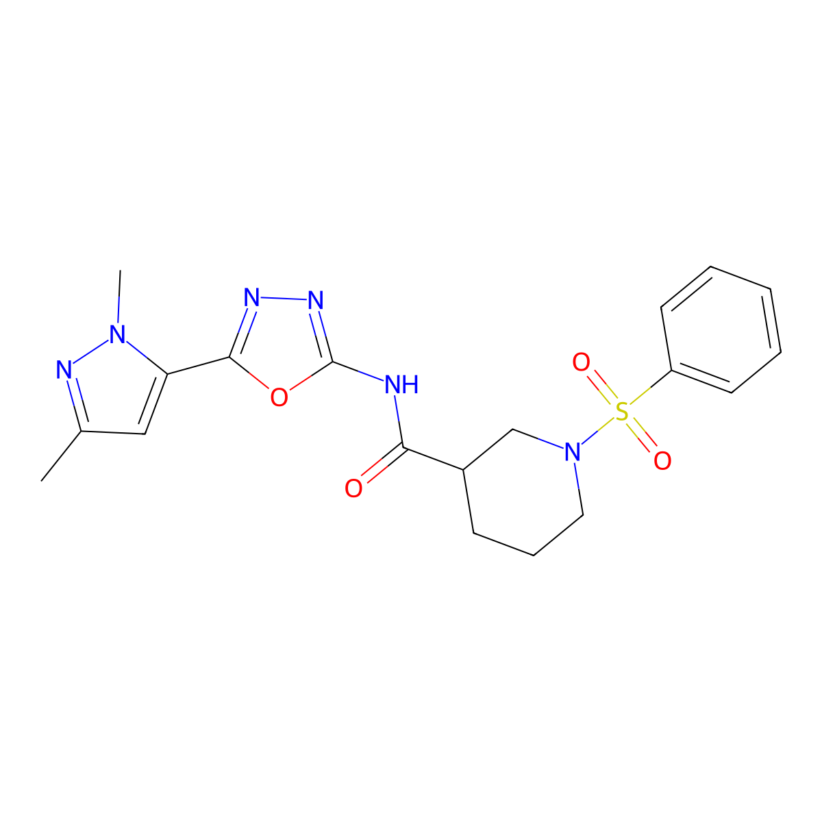 N-(5-(1,3-dimethyl-1H-pyrazol-5-yl)-1,3,4-oxadiazol-2-yl)-1-(phenylsulfonyl)piperidine-3-carboxamide molecular structure, CAS 1170655-09-0