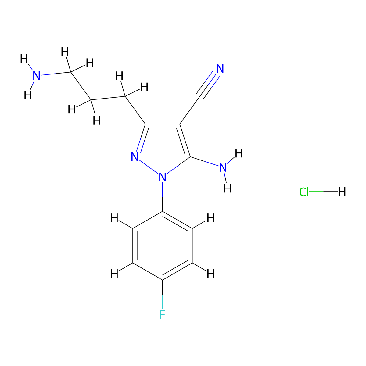5-amino-3-(3-aminopropyl)-1-(4-fluorophenyl)-1H-pyrazole-4-carbonitrile hydrochloride molecular structure, CAS 1170656-69-5