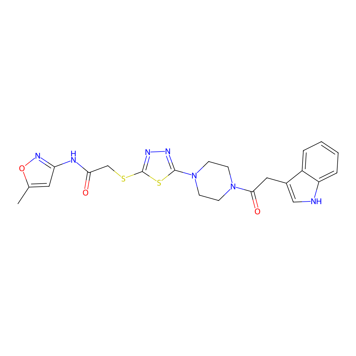 2-((5-(4-(2-(1H-indol-3-yl)acetyl)piperazin-1-yl)-1,3,4-thiadiazol-2-yl)thio)-N-(5-methylisoxazol-3-yl)acetamide molecular structure, CAS 1170657-10-9