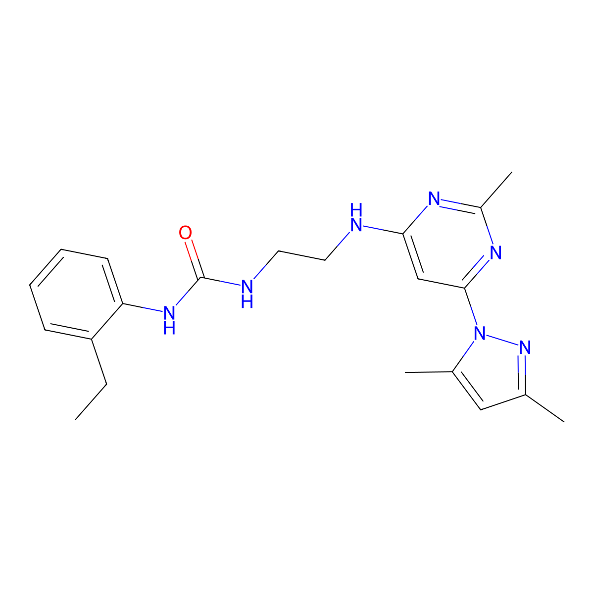 1-(2-((6-(3,5-dimethyl-1H-pyrazol-1-yl)-2-methylpyrimidin-4-yl)amino)ethyl)-3-(2-ethylphenyl)urea molecular structure, CAS 1170657-35-8