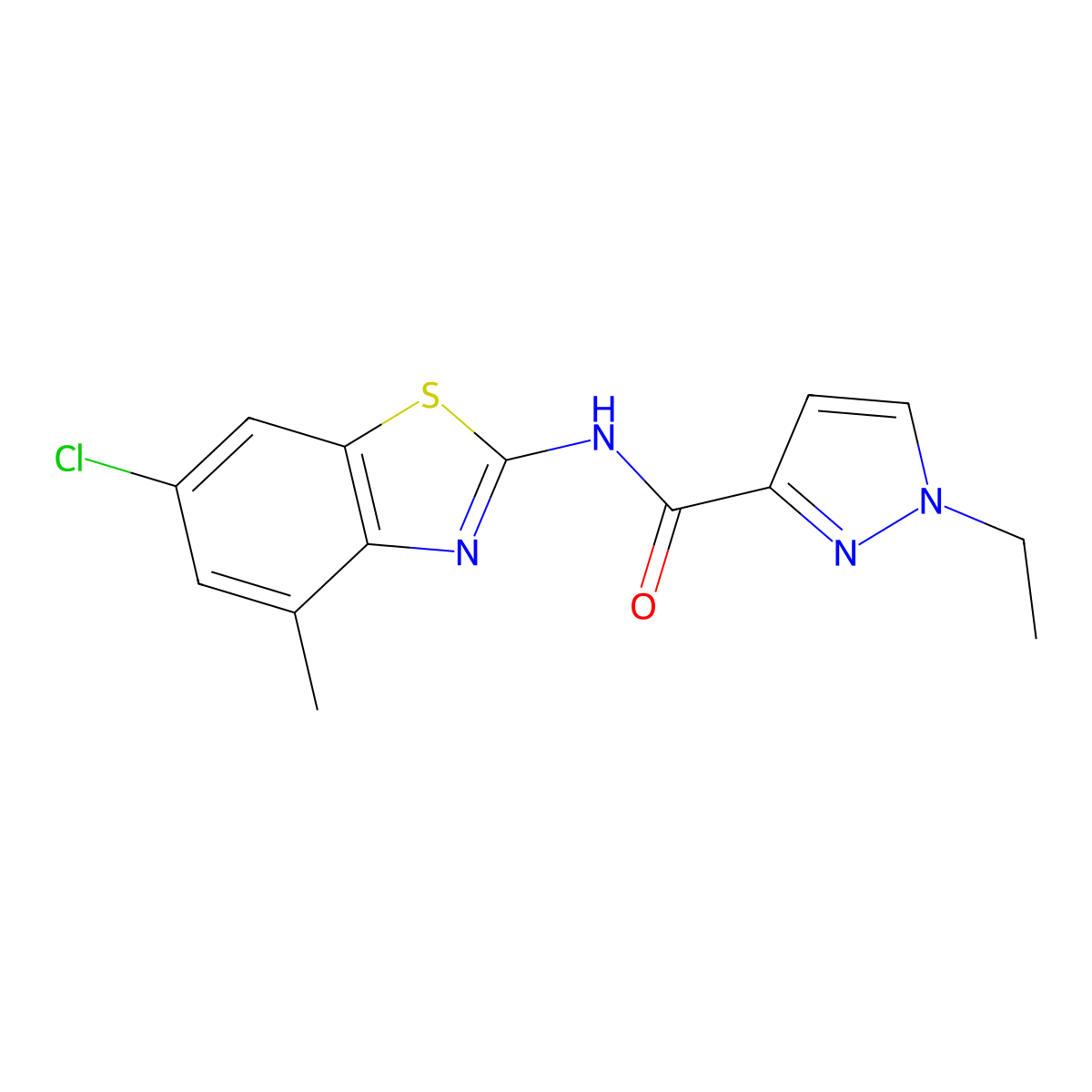 N-(6-chloro-4-methylbenzo[d]thiazol-2-yl)-1-ethyl-1H-pyrazole-3-carboxamide molecular structure, CAS 1170779-76-6