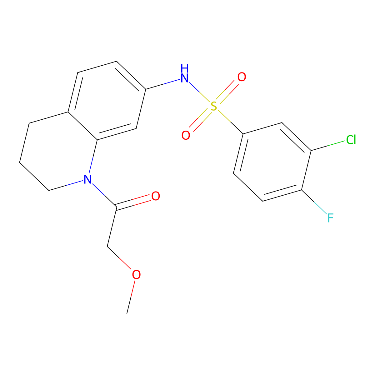 3-chloro-4-fluoro-N-(1-(2-methoxyacetyl)-1,2,3,4-tetrahydroquinolin-7-yl)benzenesulfonamide molecular structure, CAS 1170779-97-1