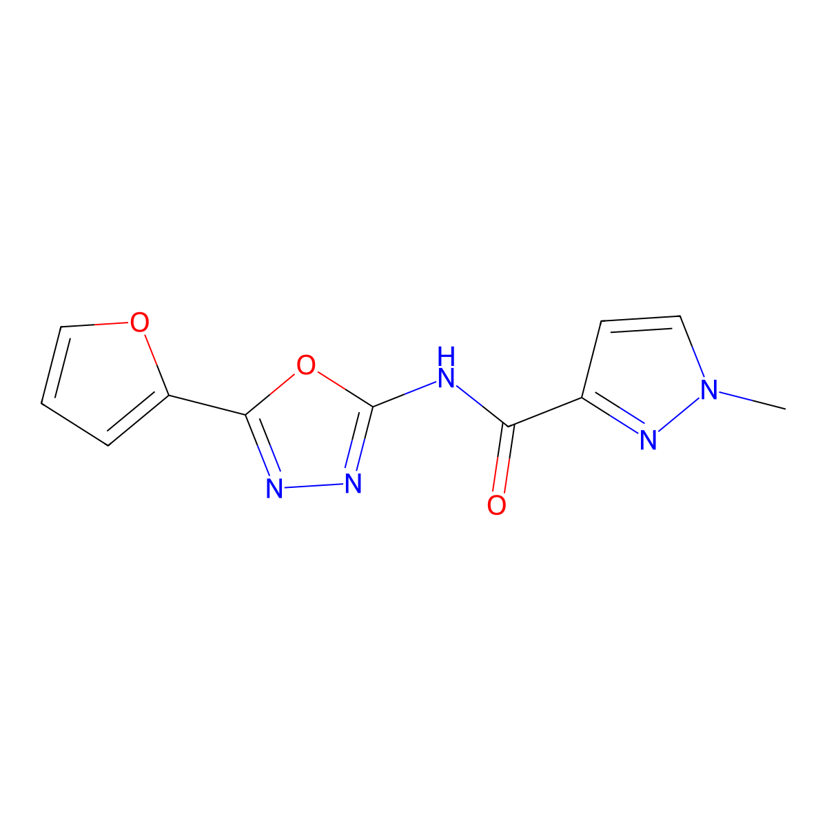 N-[5-(furan-2-yl)-1,3,4-oxadiazol-2-yl]-1-methyl-1H-pyrazole-3-carboxamide molecular structure, CAS 1170780-96-7