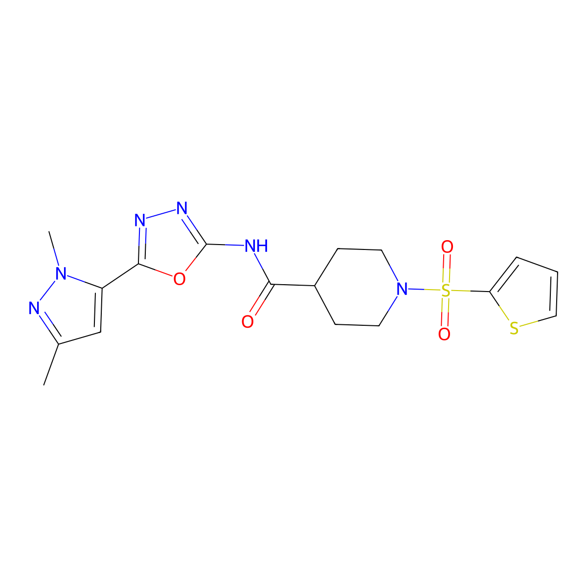 N-[5-(1,3-dimethyl-1H-pyrazol-5-yl)-1,3,4-oxadiazol-2-yl]-1-(thiophene-2-sulfonyl)piperidine-4-carboxamide molecular structure, CAS 1170784-42-5
