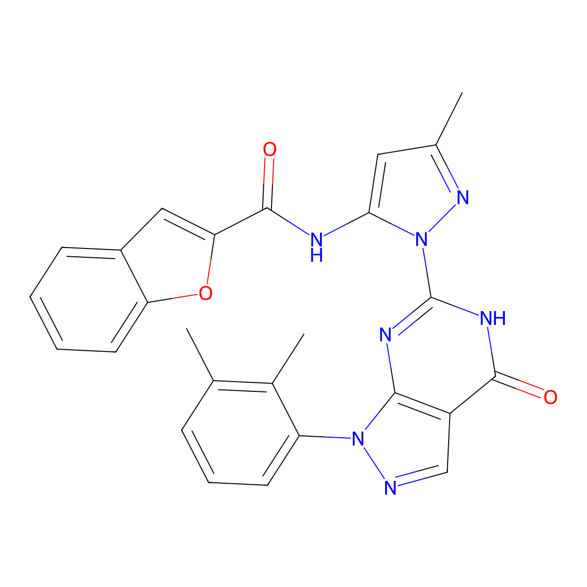 N-(1-(1-(2,3-dimethylphenyl)-4-oxo-4,5-dihydro-1H-pyrazolo[3,4-d]pyrimidin-6-yl)-3-methyl-1H-pyrazol-5-yl)benzofuran-2-carboxamide molecular structure, CAS 1170785-18-8
