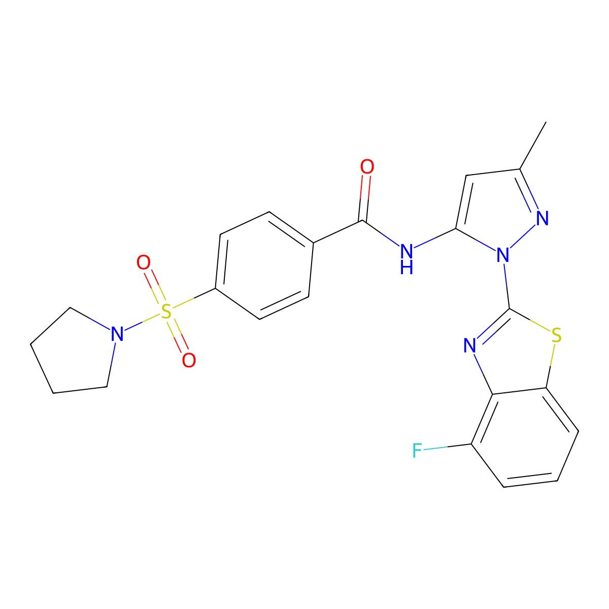 N-(1-(4-fluorobenzo[d]thiazol-2-yl)-3-methyl-1H-pyrazol-5-yl)-4-(pyrrolidin-1-ylsulfonyl)benzamide molecular structure, CAS 1170785-28-0