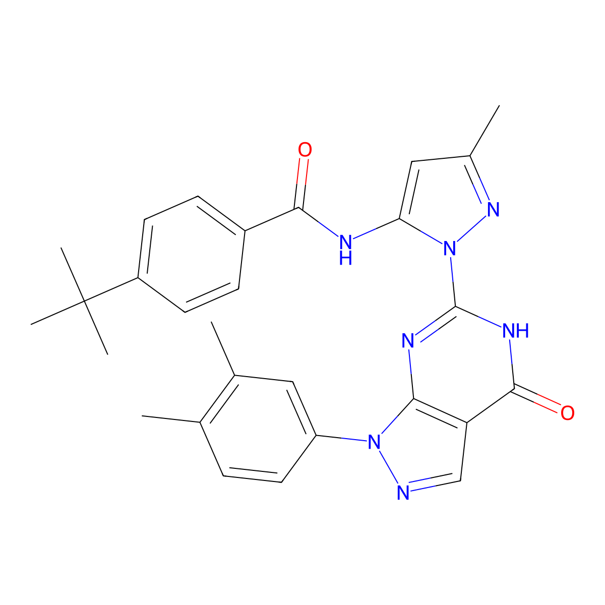 4-(tert-butyl)-N-(1-(1-(3,4-dimethylphenyl)-4-oxo-4,5-dihydro-1H-pyrazolo[3,4-d]pyrimidin-6-yl)-3-methyl-1H-pyrazol-5-yl)benzamide molecular structure, CAS 1170785-34-8