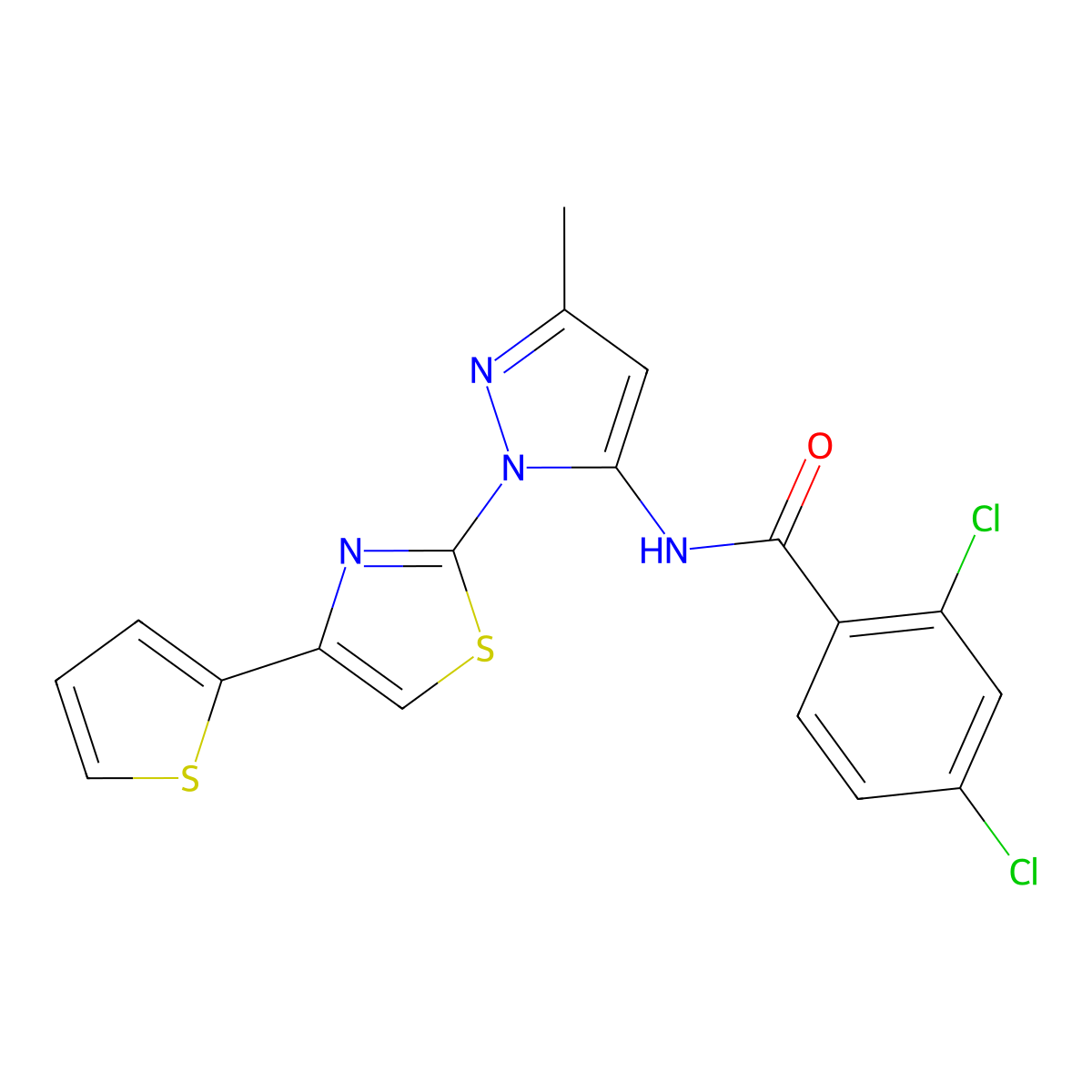 2,4-dichloro-N-(3-methyl-1-(4-(thiophen-2-yl)thiazol-2-yl)-1H-pyrazol-5-yl)benzamide molecular structure, CAS 1170786-71-6
