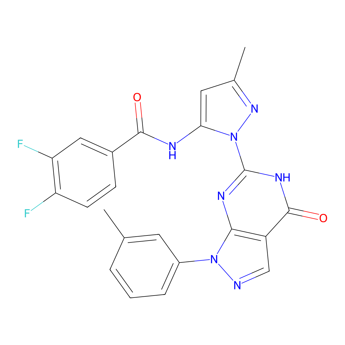 3,4-difluoro-N-(3-methyl-1-(4-oxo-1-(m-tolyl)-4,5-dihydro-1H-pyrazolo[3,4-d]pyrimidin-6-yl)-1H-pyrazol-5-yl)benzamide molecular structure, CAS 1170787-05-9