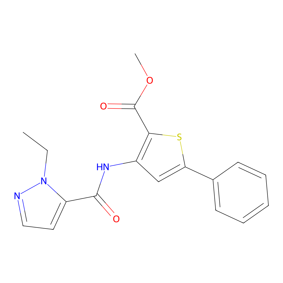 methyl 3-(1-ethyl-1H-pyrazole-5-carboxamido)-5-phenylthiophene-2-carboxylate molecular structure, CAS 1170787-12-8