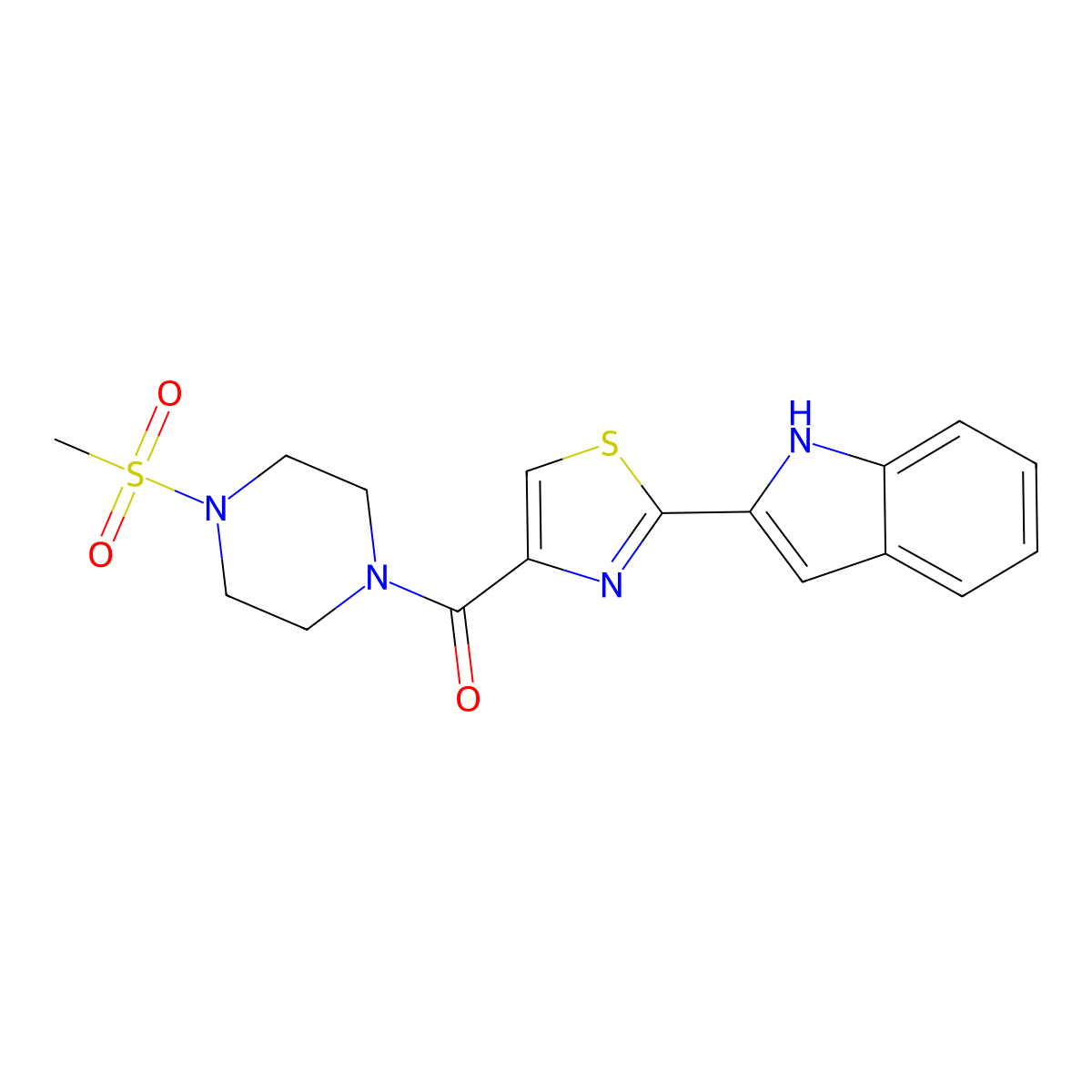 (2-(1H-indol-2-yl)thiazol-4-yl)(4-(methylsulfonyl)piperazin-1-yl)methanone molecular structure, CAS 1170789-57-7