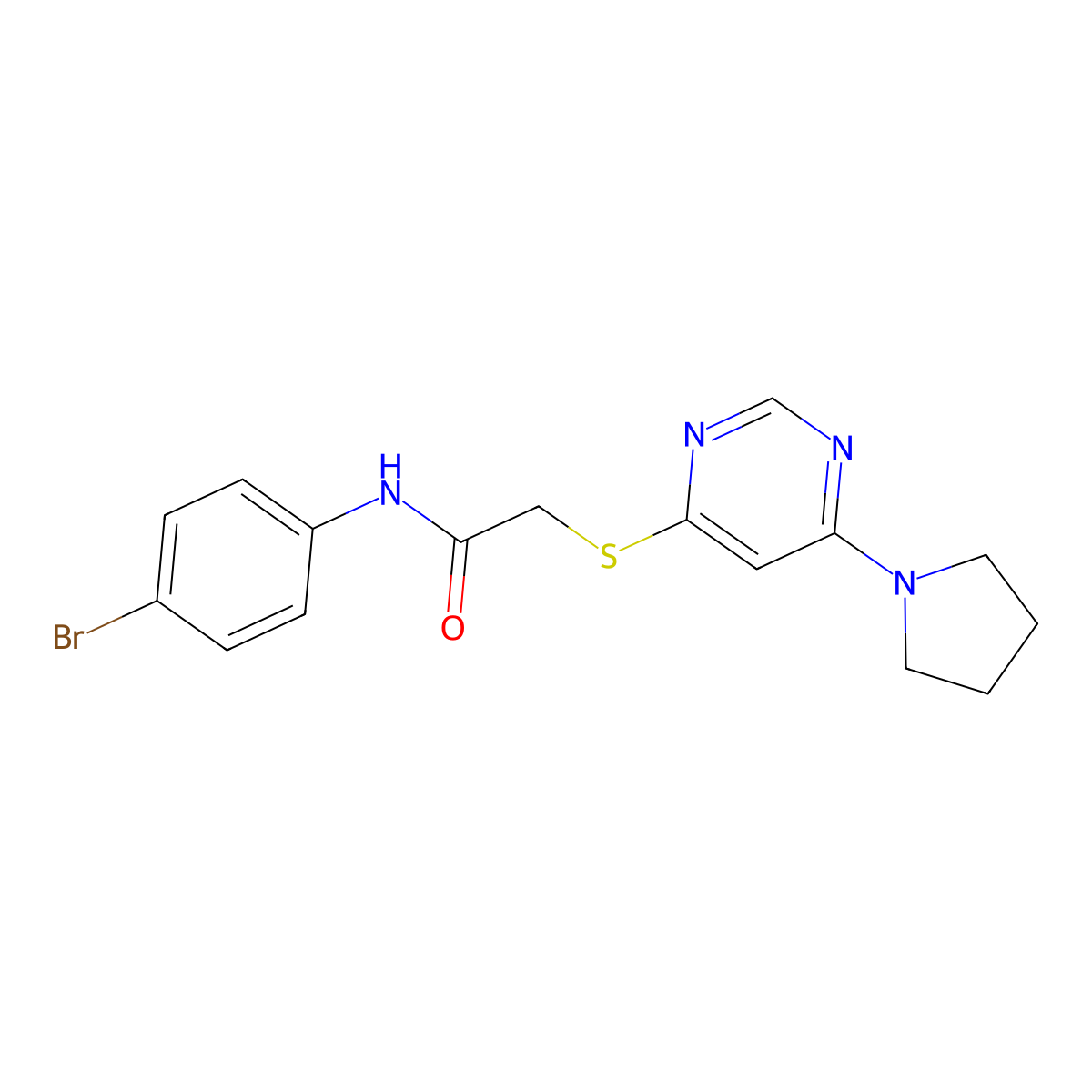 N-(4-bromophenyl)-2-((6-(pyrrolidin-1-yl)pyrimidin-4-yl)thio)acetamide molecular structure, CAS 1170789-62-4