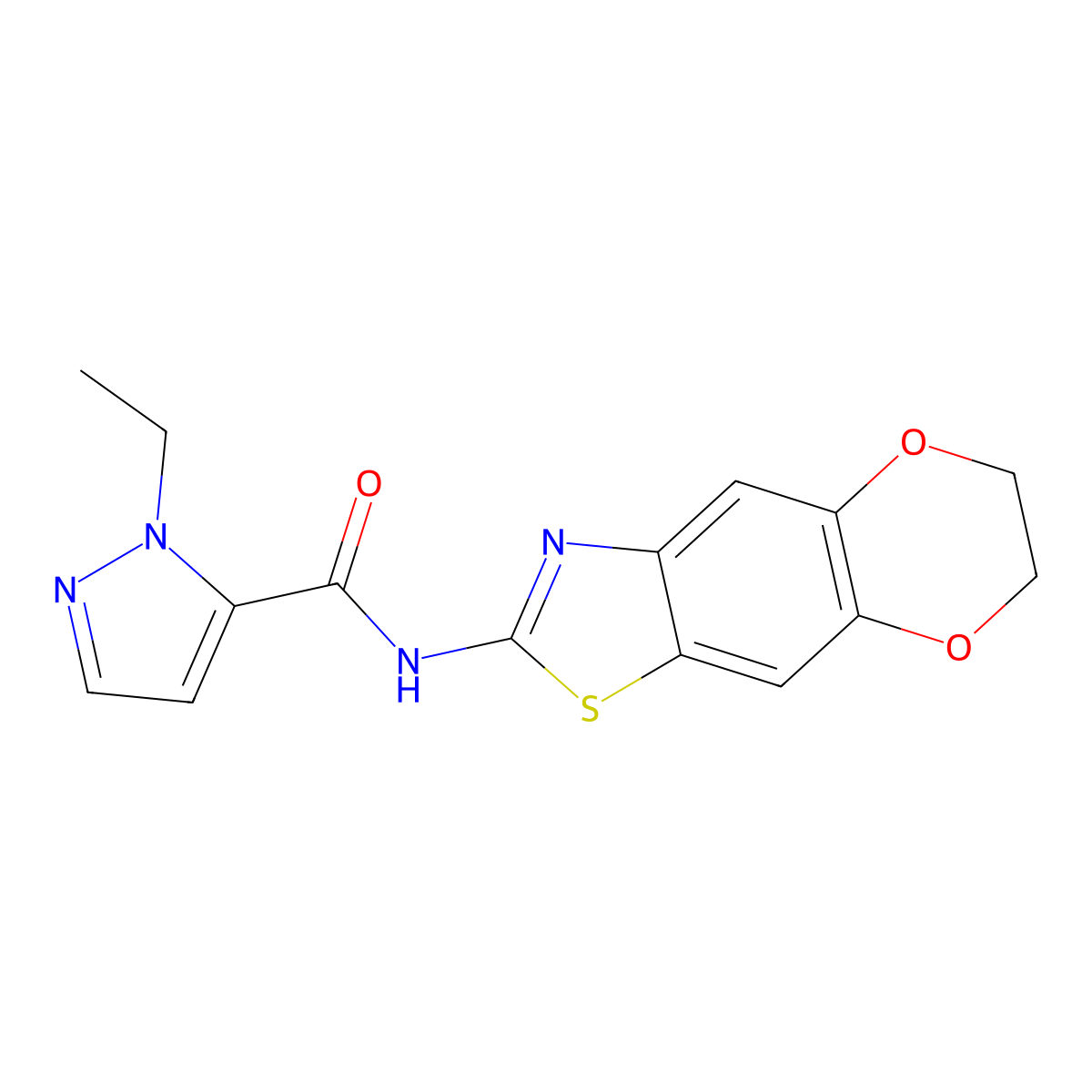 N-{10,13-dioxa-4-thia-6-azatricyclo[7.4.0.0^{3,7}]trideca-1,3(7),5,8-tetraen-5-yl}-1-ethyl-1H-pyrazole-5-carboxamide molecular structure, CAS 1170792-28-5