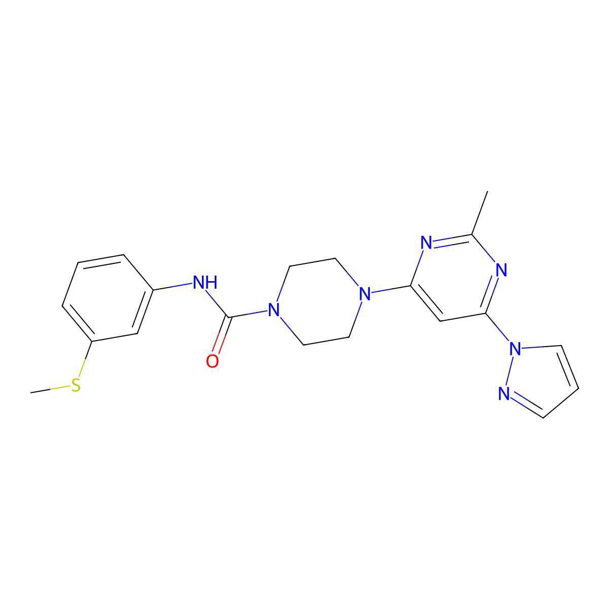4-(2-methyl-6-(1H-pyrazol-1-yl)pyrimidin-4-yl)-N-(3-(methylthio)phenyl)piperazine-1-carboxamide molecular structure, CAS 1170792-57-0