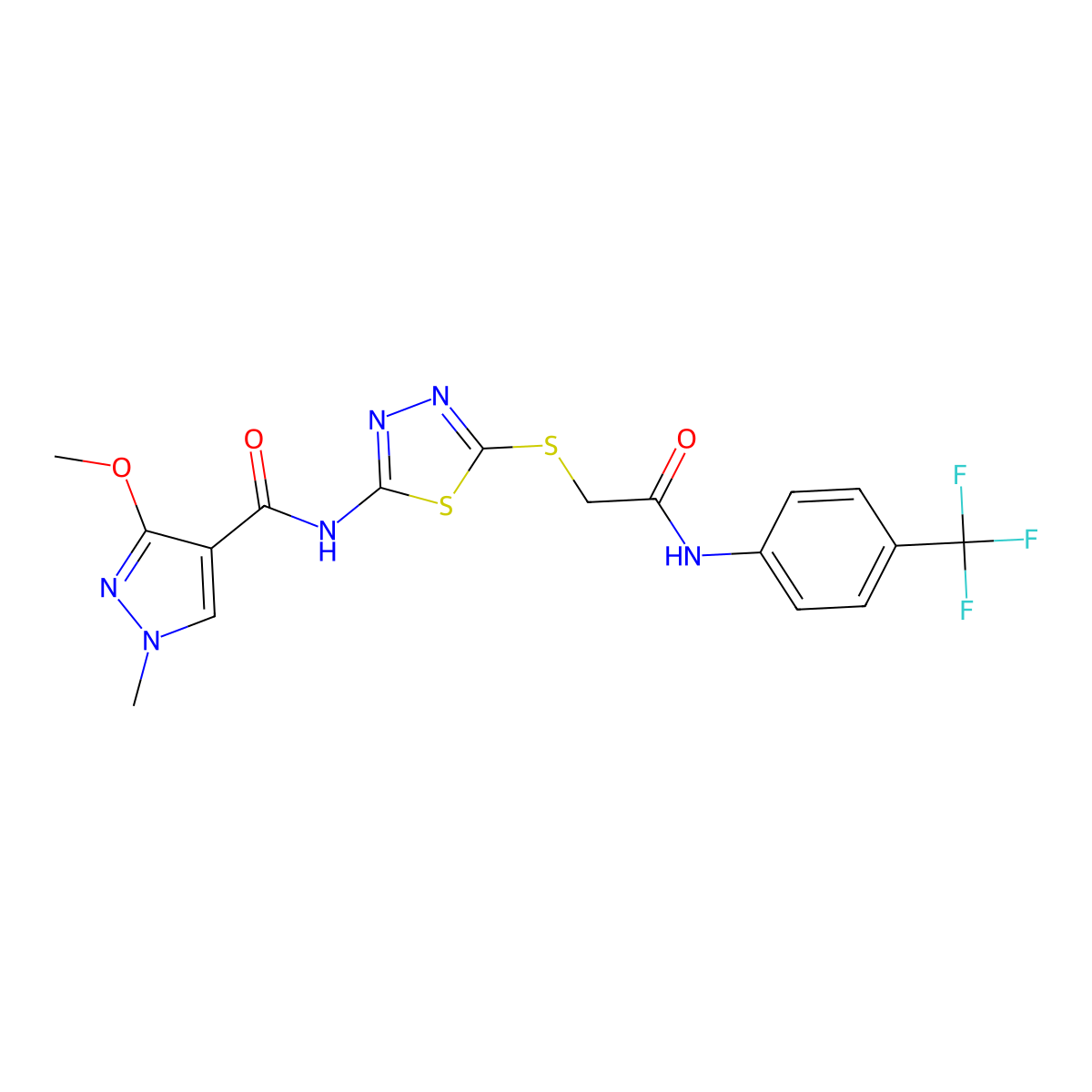3-methoxy-1-methyl-N-(5-((2-oxo-2-((4-(trifluoromethyl)phenyl)amino)ethyl)thio)-1,3,4-thiadiazol-2-yl)-1H-pyrazole-4-carboxamide molecular structure, CAS 1170792-97-8