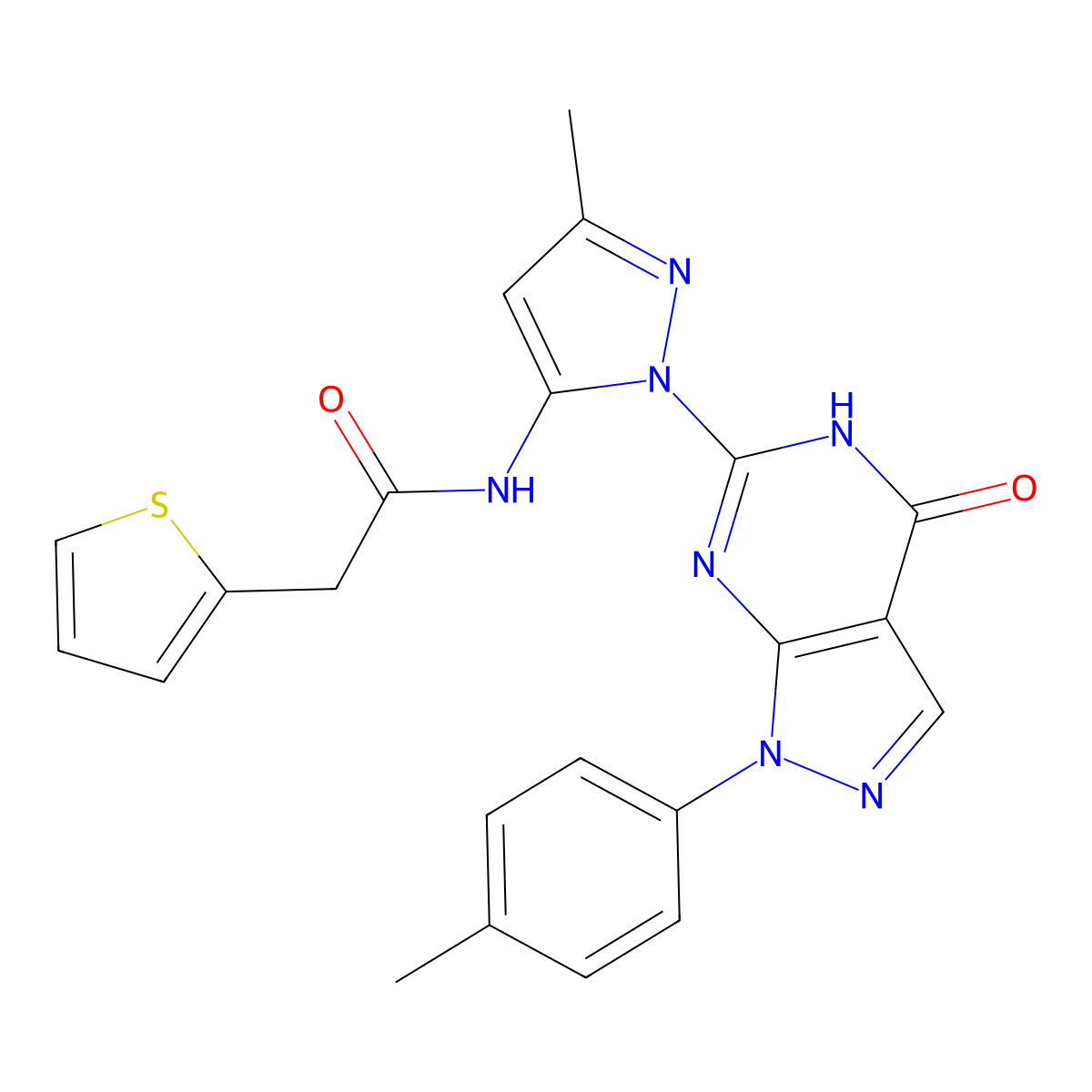 N-(3-methyl-1-(4-oxo-1-(p-tolyl)-4,5-dihydro-1H-pyrazolo[3,4-d]pyrimidin-6-yl)-1H-pyrazol-5-yl)-2-(thiophen-2-yl)acetamide molecular structure, CAS 1170793-22-2