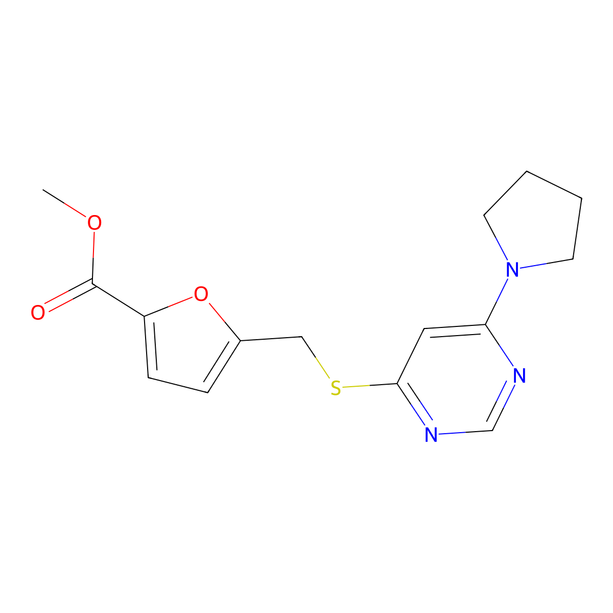 Methyl 5-(((6-(pyrrolidin-1-yl)pyrimidin-4-yl)thio)methyl)furan-2-carboxylate molecular structure, CAS 1170793-68-6