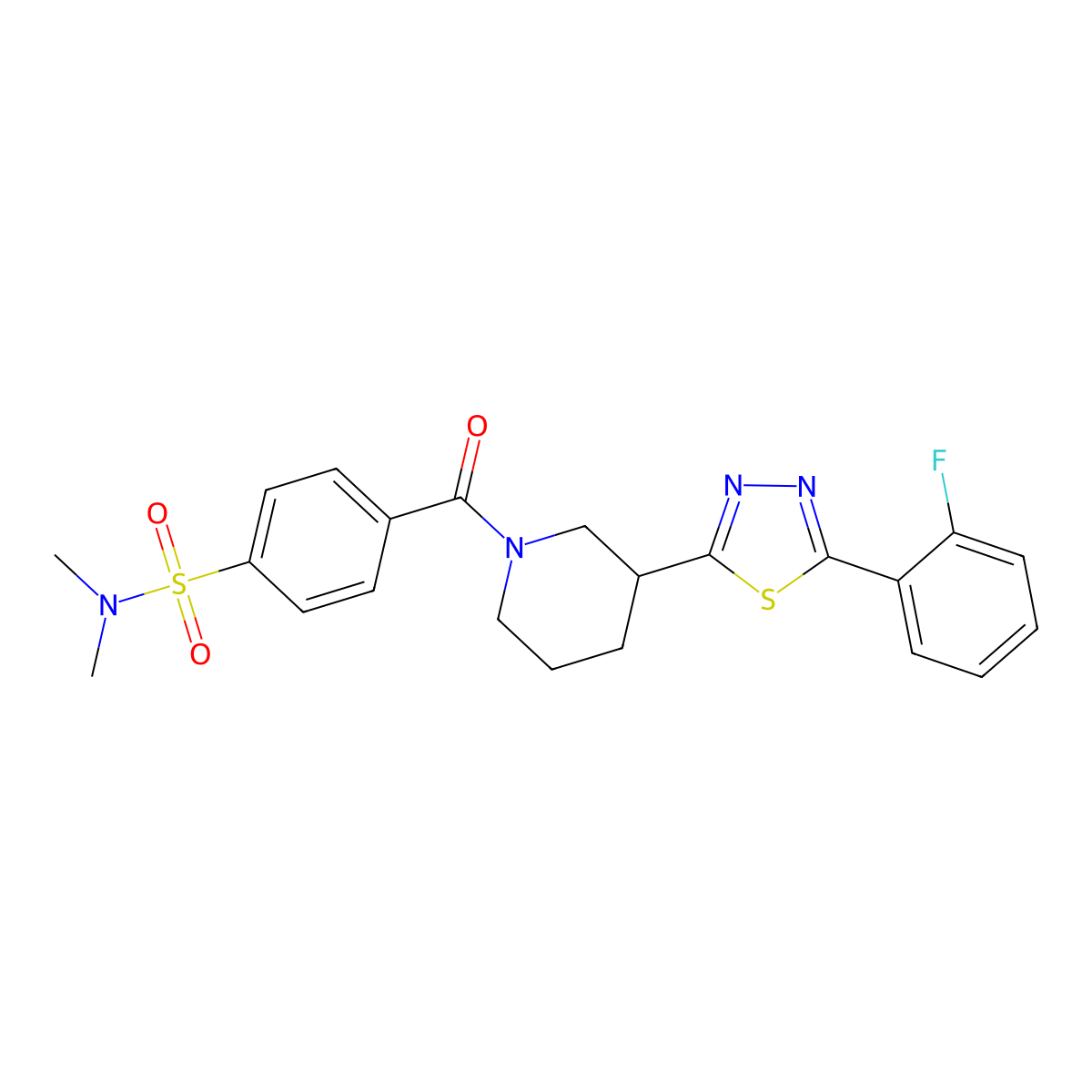 4-(3-(5-(2-fluorophenyl)-1,3,4-thiadiazol-2-yl)piperidine-1-carbonyl)-N,N-dimethylbenzenesulfonamide molecular structure, CAS 1170794-34-9