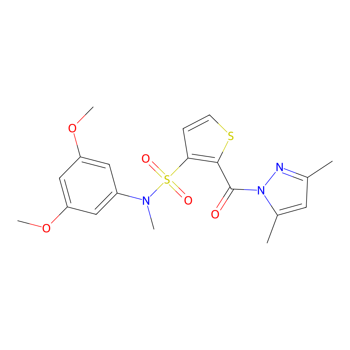 N-(3,5-dimethoxyphenyl)-2-(3,5-dimethyl-1H-pyrazole-1-carbonyl)-N-methylthiophene-3-sulfonamide molecular structure, CAS 1170794-74-7