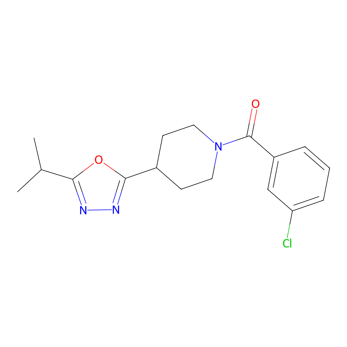 (3-Chlorophenyl)(4-(5-isopropyl-1,3,4-oxadiazol-2-yl)piperidin-1-yl)methanone molecular structure, CAS 1170794-78-1