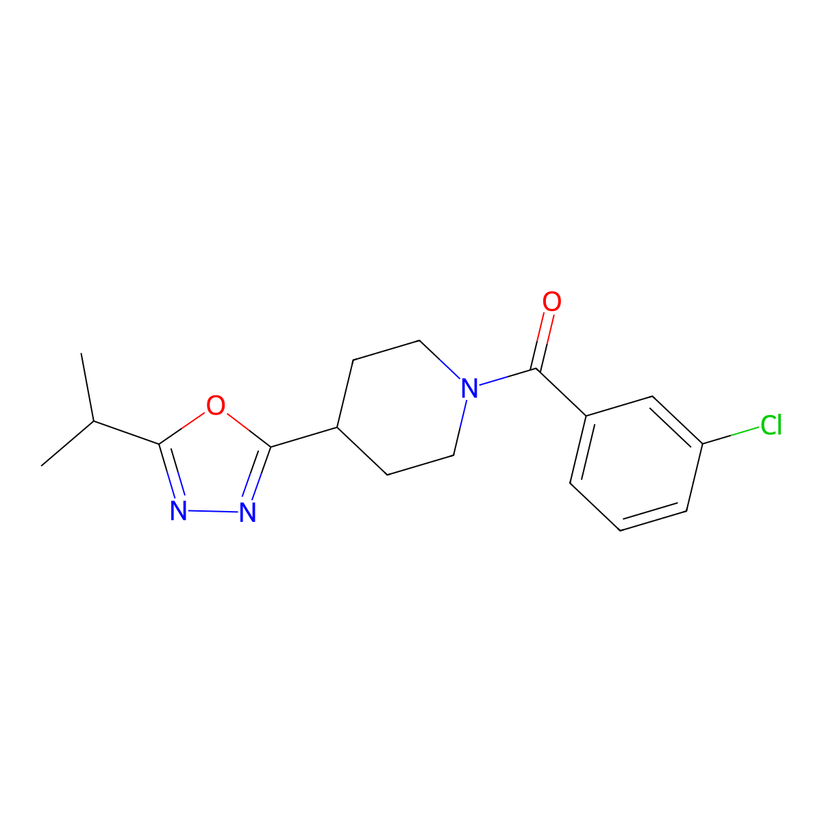 (3-Chlorophenyl)(4-(5-isopropyl-1,3,4-oxadiazol-2-yl)piperidin-1-yl)methanone molecular structure, CAS 1170794-78-1