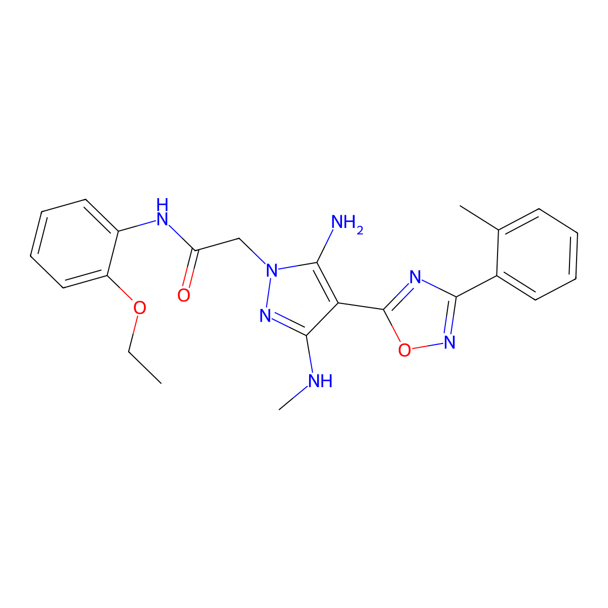 2-(5-amino-3-(methylamino)-4-(3-(o-tolyl)-1,2,4-oxadiazol-5-yl)-1H-pyrazol-1-yl)-N-(2-ethoxyphenyl)acetamide molecular structure, CAS 1170797-89-3