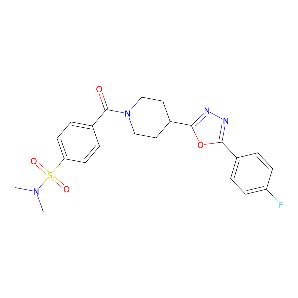 4-(4-(5-(4-fluorophenyl)-1,3,4-oxadiazol-2-yl)piperidine-1-carbonyl)-N,N-dimethylbenzenesulfonamide molecular structure, CAS 1170800-03-9