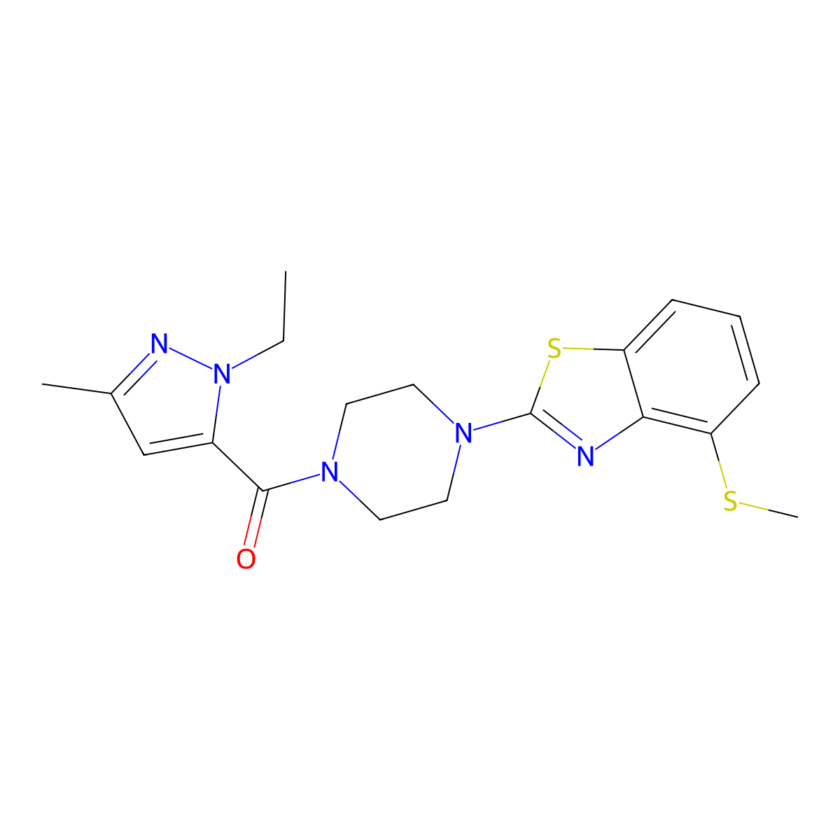 2-[4-(1-ethyl-3-methyl-1H-pyrazole-5-carbonyl)piperazin-1-yl]-4-(methylsulfanyl)-1,3-benzothiazole molecular structure, CAS 1170800-77-7