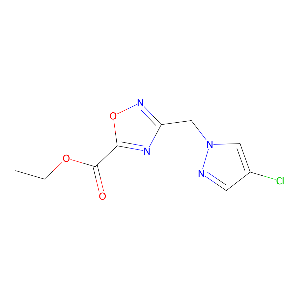 Ethyl 3-((4-chloro-1H-pyrazol-1-yl)methyl)-1,2,4-oxadiazole-5-carboxylate molecular structure, CAS 1170802-11-5