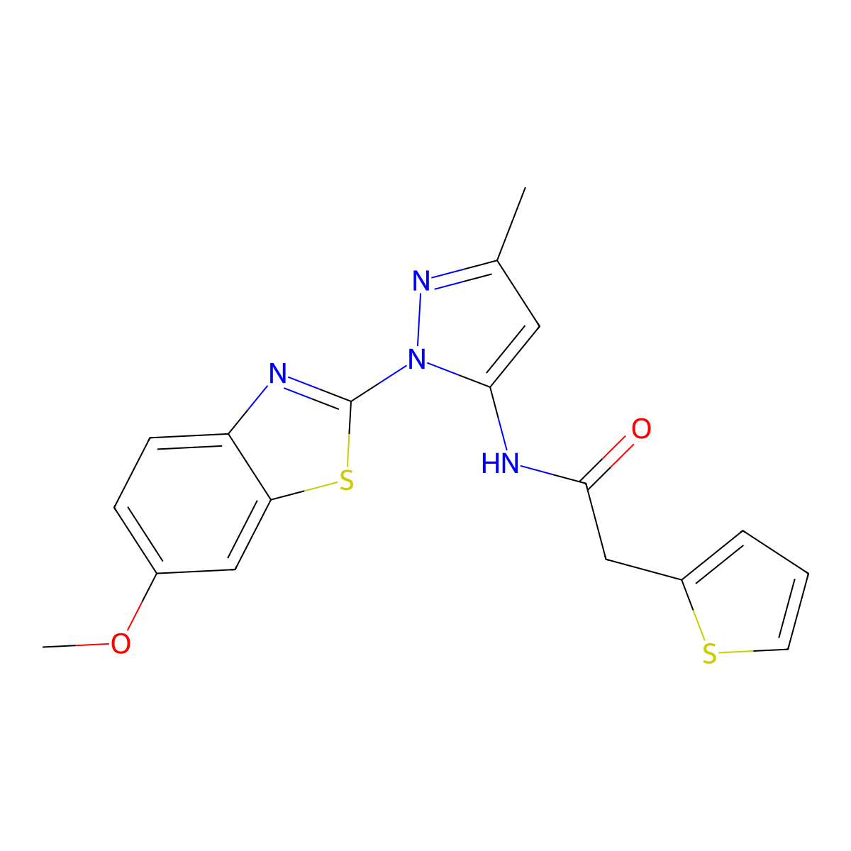 N-(1-(6-methoxybenzo[d]thiazol-2-yl)-3-methyl-1H-pyrazol-5-yl)-2-(thiophen-2-yl)acetamide molecular structure, CAS 1170804-43-9