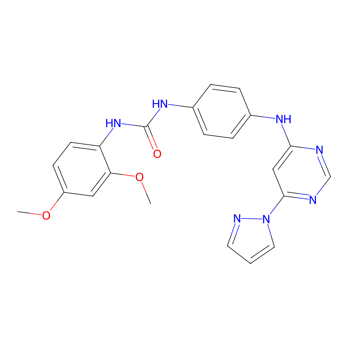 1-(4-((6-(1H-pyrazol-1-yl)pyrimidin-4-yl)amino)phenyl)-3-(2,4-dimethoxyphenyl)urea molecular structure, CAS 1170805-94-3