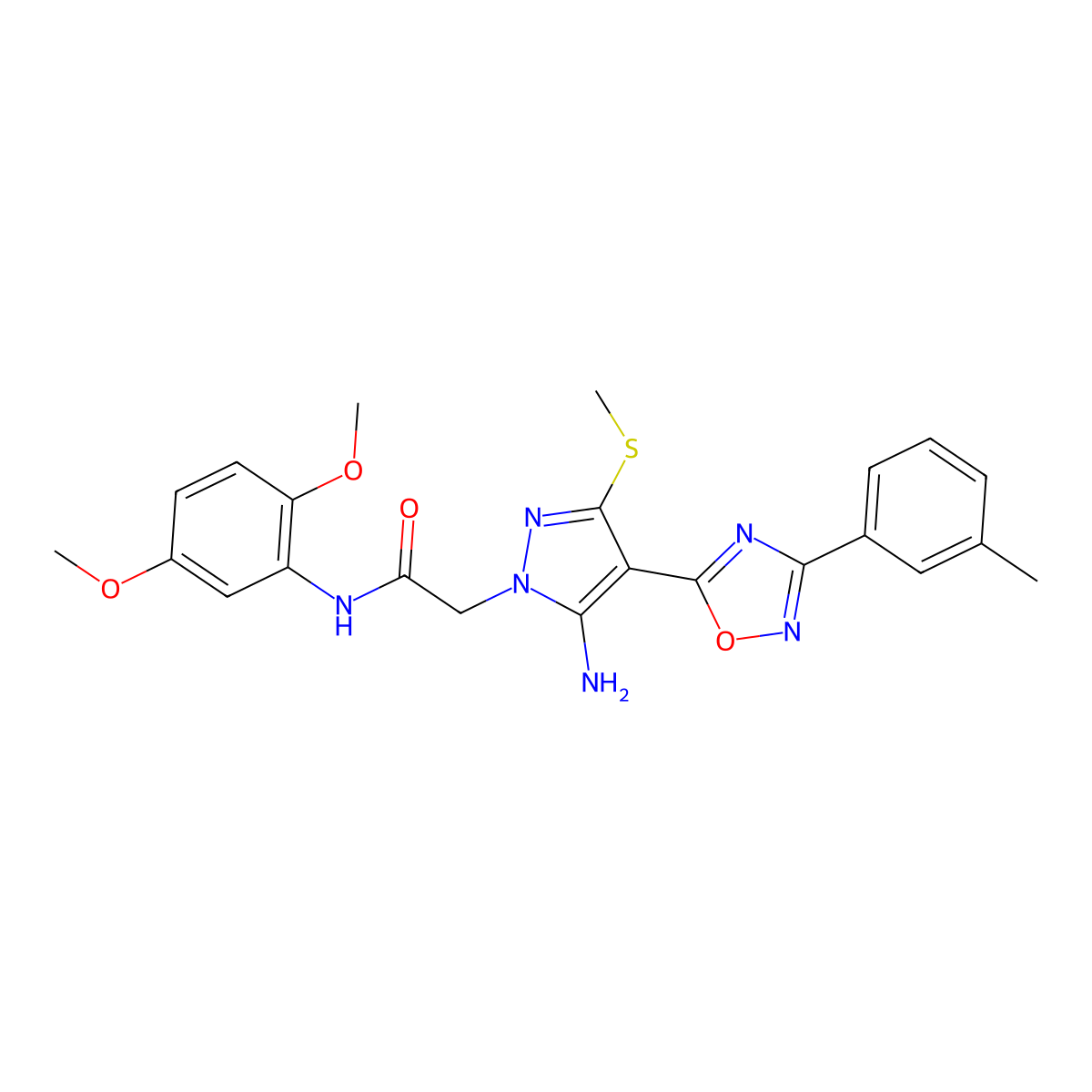 2-{5-amino-4-[3-(3-methylphenyl)-1,2,4-oxadiazol-5-yl]-3-(methylsulfanyl)-1H-pyrazol-1-yl}-N-(2,5-dimethoxyphenyl)acetamide molecular structure, CAS 1170810-28-2