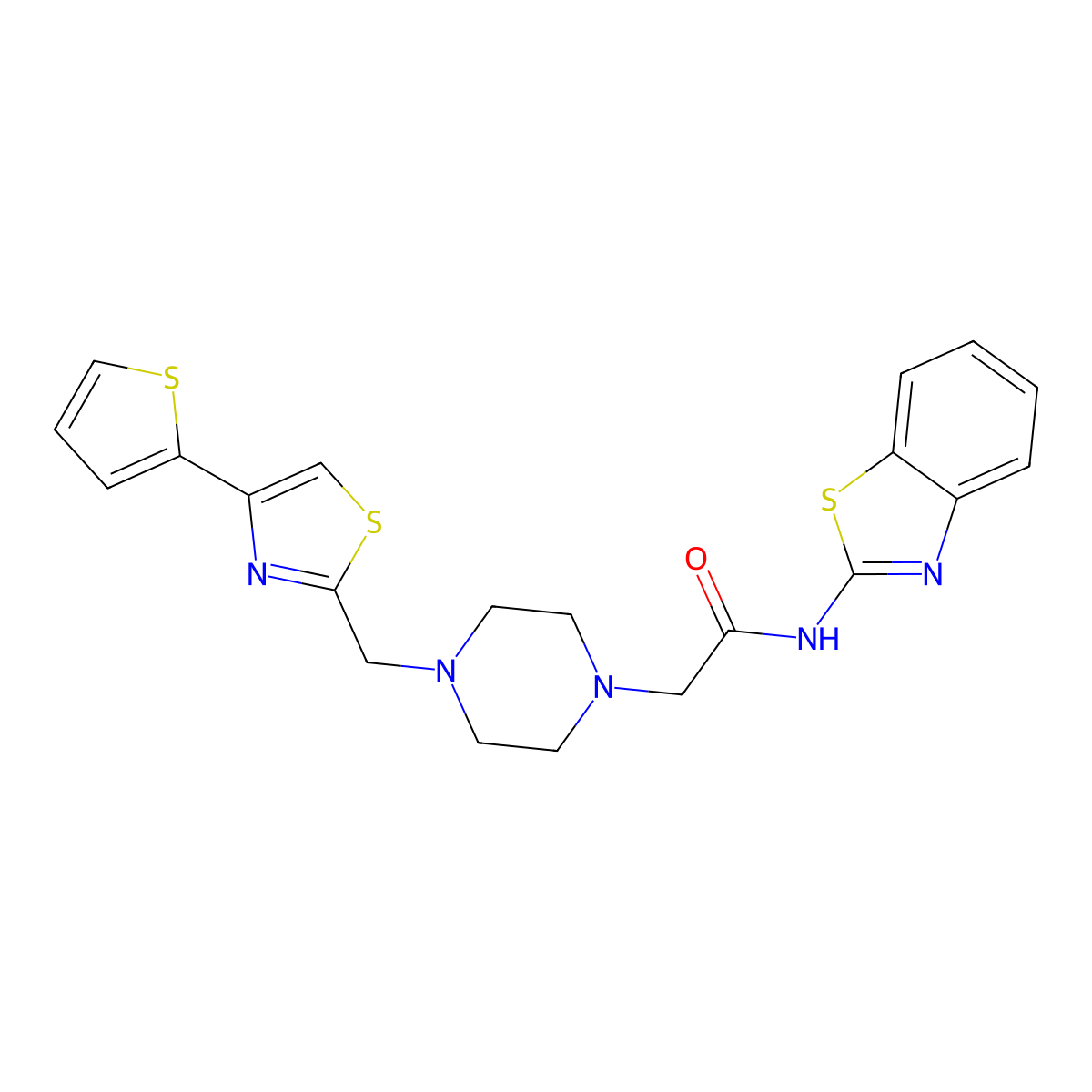 N-(Benzo[d]thiazol-2-yl)-2-(4-((4-(thiophen-2-yl)thiazol-2-yl)methyl)piperazin-1-yl)acetamide molecular structure, CAS 1170811-53-6