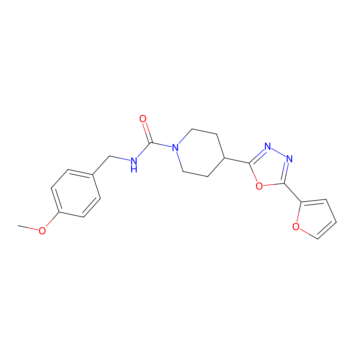 4-(5-(furan-2-yl)-1,3,4-oxadiazol-2-yl)-N-(4-methoxybenzyl)piperidine-1-carboxamide molecular structure, CAS 1170813-98-5